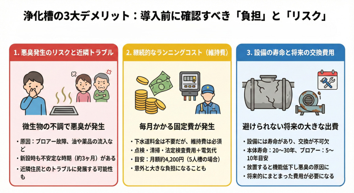 浄化槽を設置する際の3つのデメリットをまとめた図解です。
1. 悪臭を発生する可能性がある
微生物の機能低下(ブロアー故障や洗剤の流入など)や、設置直後の不安定な時期に悪臭が出ることがあります。
2. ランニングコストがかかる
保守点検、清掃、法定検査、電気代などの維持費がかかります。5人槽で月額約4,200円が目安となり、下水道料金より高くなる場合もあります。
3. 設備に寿命がある
本体は20~30年、ブロアーは5~10年が寿命の目安です。老朽化すると機能が低下するため、定期的な交換やメンテナンスが必要です。