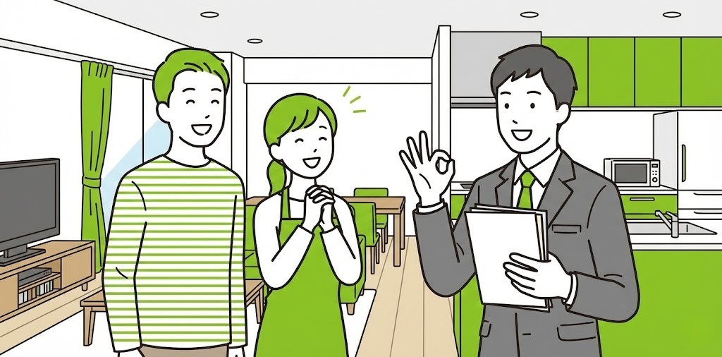 リフォーム担当者から手続き完了のOKサインをもらい、安心して笑顔を見せる夫婦の様子