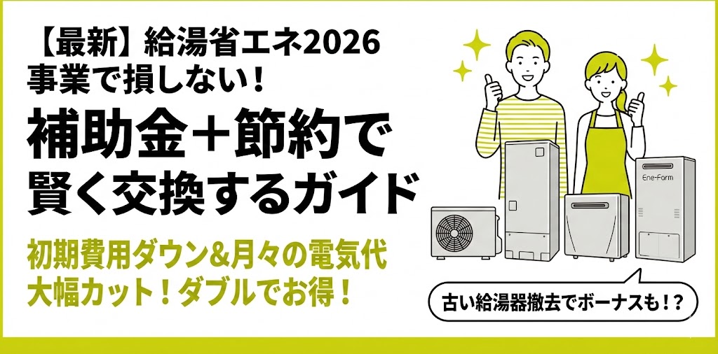 給湯省エネ2026事業の補助金対象と条件の解説。省エネ給湯器交換による光熱費削減と撤去加算ボーナスについての案内