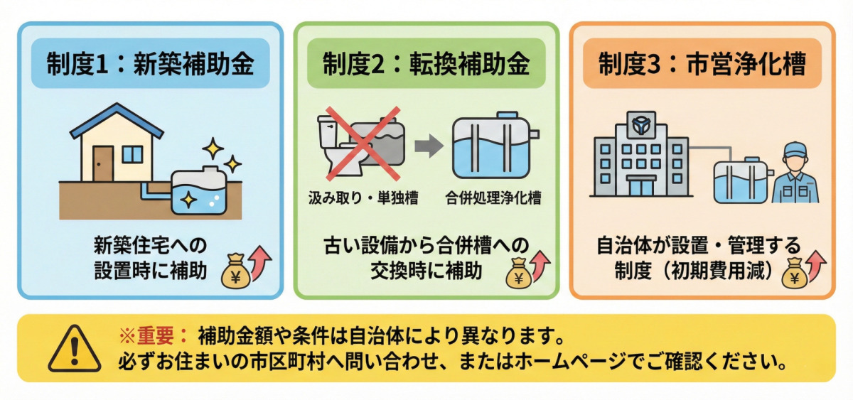浄化槽を安く設置するために利用できる、3つの補助金制度をまとめた図解です。
1. 新築補助金
2. 転換補助金
3. 市営浄化槽
補助金の金額や受け取り条件は自治体によって異なるため、居住する市区町村への問い合わせやホームページでの確認が必要である旨が記載されています。