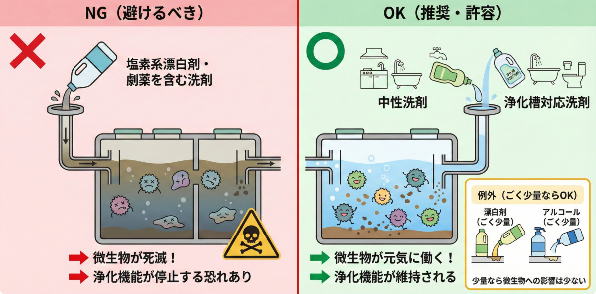 浄化槽を長く使うためのポイント2「劇薬などの使用は避ける」を説明した図解です。
塩素系漂白剤などの劇薬は、浄化槽内の微生物を死滅させ、浄化機能を停止させる恐れがあります。そのため、掃除には中性洗剤の使用が推奨されています。ただし、どうしても汚れが取れない場合に、ごく少量の漂白剤やアルコールを使う程度であれば問題ありません。