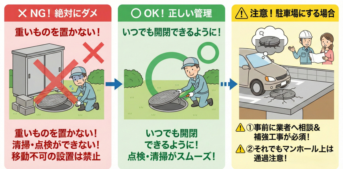 浄化槽の故障や無駄な修理費用を防ぐポイント:マンホール上に重いものを置かない・駐車場にする際の補強工事