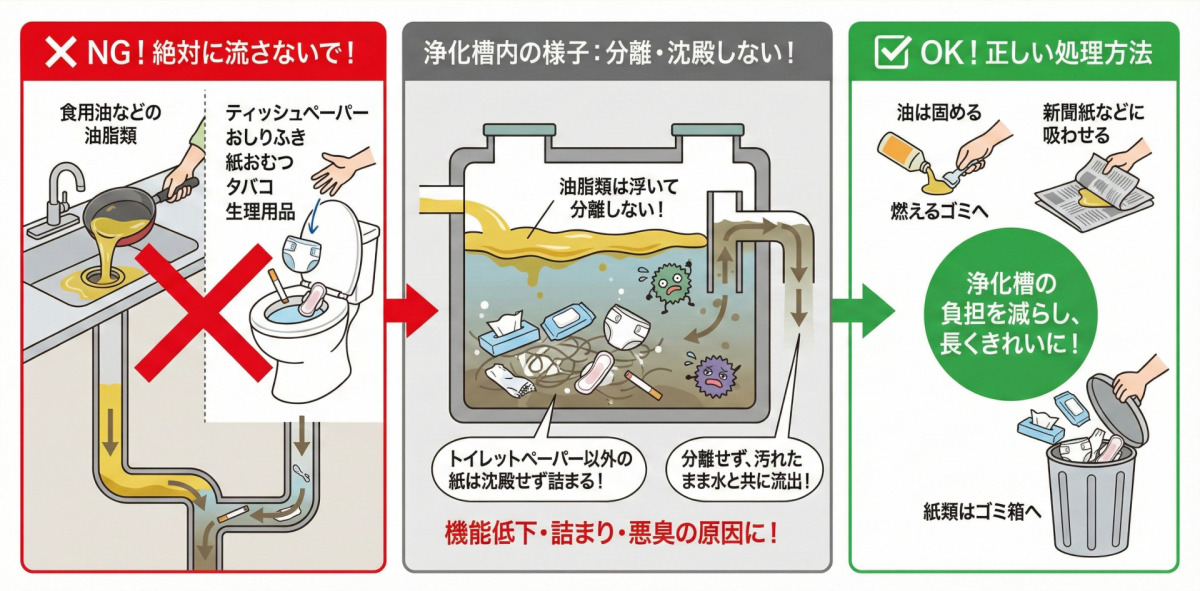 浄化槽の詰まり故障や高額な清掃費用を防ぐポイント:食用油やトイレットペーパー以外の紙製品を流さない・油脂類の分離不良トラブル
