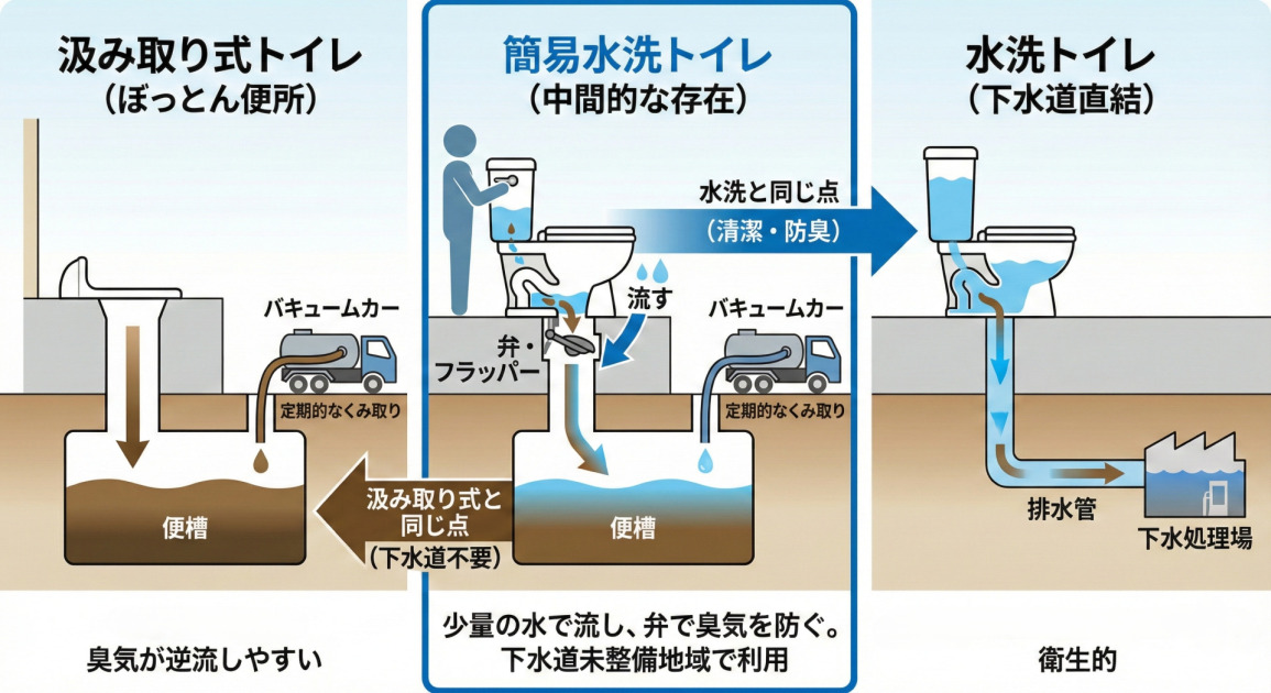 汲み取り式トイレ、簡易水洗トイレ、水洗トイレの3つの仕組みを比較した図解イラスト。左の汲み取り式は直接便槽へ、右の水洗式は下水道へつながる。中央の簡易水洗トイレは、少量の水と弁（フラッパー）で洗浄・防臭しつつ、汚物は便槽に溜めてバキュームカーで回収する「中間的な仕組み」であることを解説している。