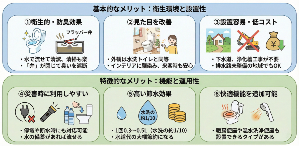 「簡易水洗トイレの6つのメリット」をまとめた図解イラスト。メリットとして、1.衛生的で臭いも軽減、2.見た目が水洗トイレと同等、3.設置が容易で低コスト、4.災害時に利用しやすい、5.高い節水効果、6.温水洗浄便座なども設置可能、の6点が挙げられている。