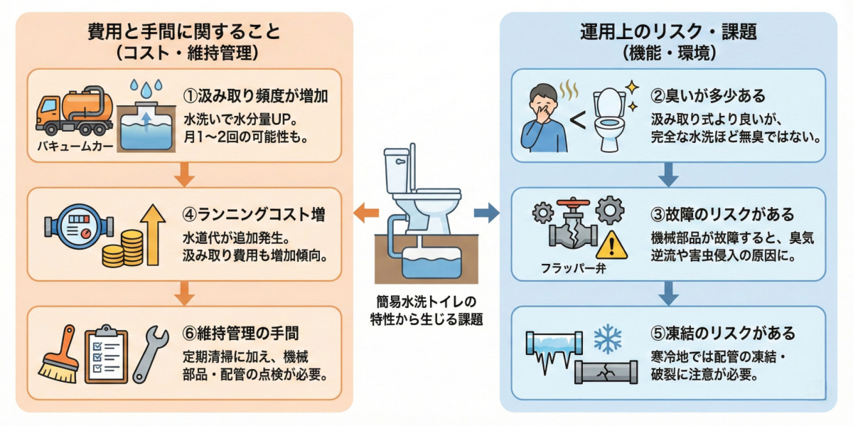 「簡易水洗トイレの6つのデメリット」をまとめた図解イラスト。
費用と手間（1.汲み取り頻度の増加、4.ランニングコスト増、6.維持管理の手間）と、運用リスク（2.多少の臭い残り、3.機械故障のリスク、5.凍結リスク）の2つのカテゴリーに分けて、それぞれの注意点を解説している。