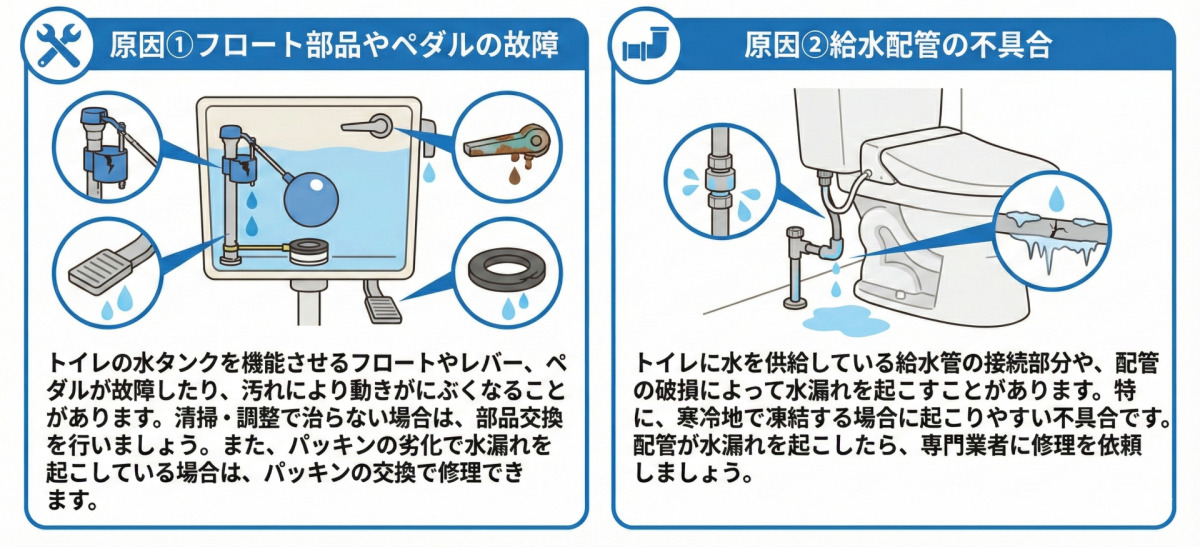 簡易水洗トイレで水漏れや水が止まらないトラブルの原因を2つ解説した画像。

1. 原因①フロート部品やペダルの故障
フロート、レバー、ペダルの故障や汚れ、パッキンの劣化が原因であることと、その対処法（清掃・調整・部品交換）が記載されている。

2. 原因②給水配管の不具合
給水管の接続部分や配管の破損、寒冷地での凍結が原因であることと、専門業者へ修理依頼が必要であることが記載されている。