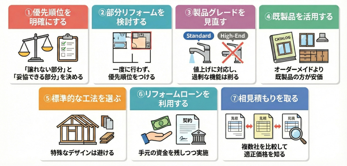 【相場より安く】リフォーム費用を賢く抑える7つのコツをまとめた図解。白背景で以下の7項目がリストアップされている。①優先順位を明確にする、②部分リフォームを検討する（一度に行わず、優先順位をつける）、③製品グレードを見直す、④既製品を活用する、⑤標準的な工法を選ぶ、⑥リフォームローンを利用する、⑦相見積もりを取る。これらにより、適正価格で賢くリフォームする方法を解説している。