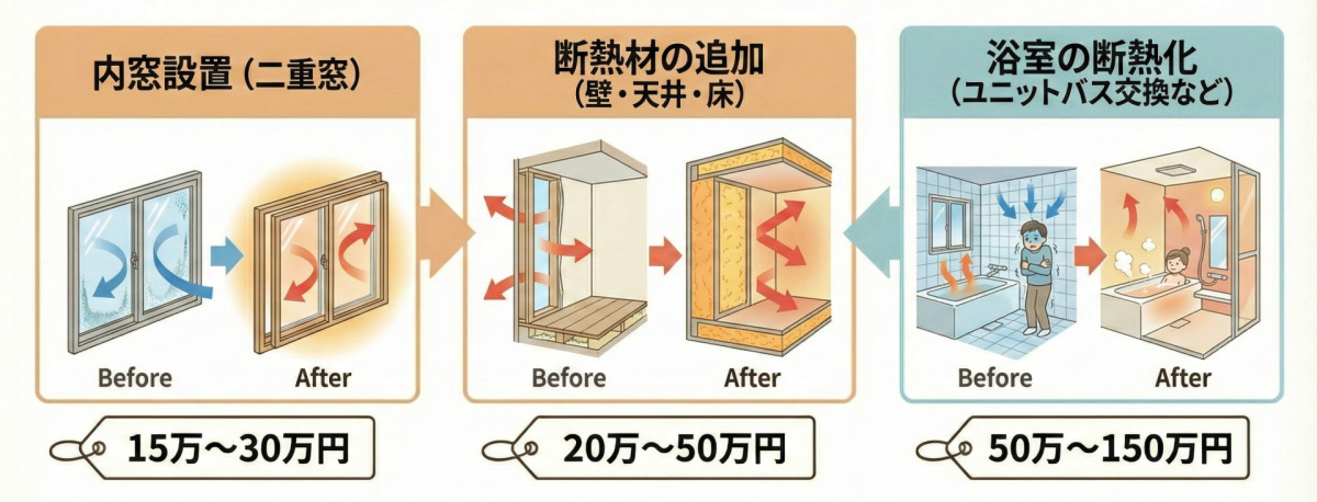 断熱リフォームの費用相場（目安：15万〜150万円）の図解。内窓設置：15万〜30万円、断熱材の追加：20万〜50万円、浴室の断熱化：50万〜150万円。