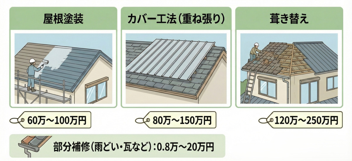 屋根リフォームの費用相場（目安：60万〜250万円）の図解。屋根塗装：60万〜100万円、カバー工法（重ね張り）：80万〜150万円、葺き替え：120万〜250万円。部分補修（雨どい・瓦など）：0.8万〜20万円（※30坪戸建て・足場代込み）。