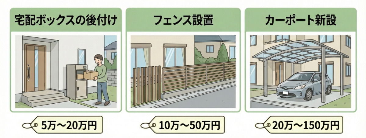 エクステリアリフォームの費用相場（目安：5万〜150万円）の図解。宅配ボックスの後付け：5万〜20万円、フェンス設置：10万〜50万円、カーポート新設：20万〜150万円。