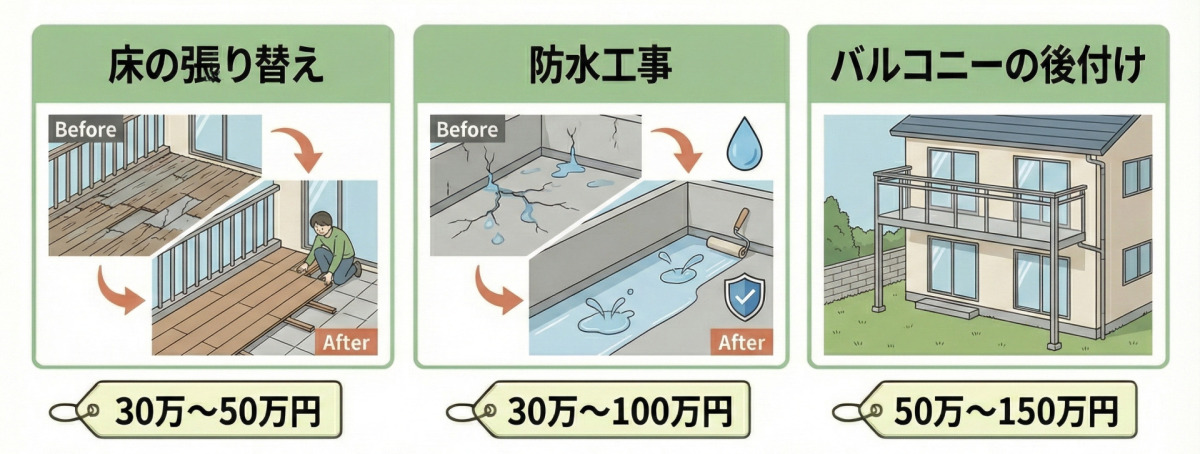 バルコニーリフォームの費用相場（目安：30万〜150万円）の図解。床の張り替え：30万〜50万円、防水工事（雨漏り対策など）：30万〜100万円、バルコニーの後付け：50万〜150万円。