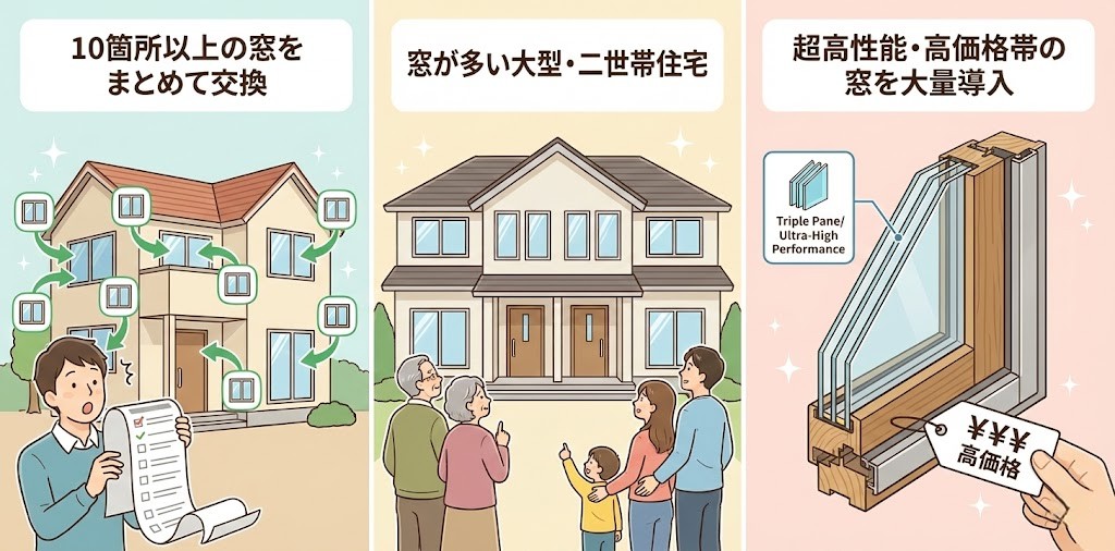 窓リノベ補助金の上限額に影響する可能性が高い3つのケースを説明する3分割イラスト。左は「10箇所以上の窓をまとめて交換」と題し、多数の窓がある家と長いリストを見て驚く男性。中央は「窓が多い大型・二世帯住宅」で、大きな家を見上げる二組の家族。右は「超高性能・高価格帯の窓を大量導入」で、高性能なトリプルガラスの断面図と「高価格」の値札を持つ手が描かれています