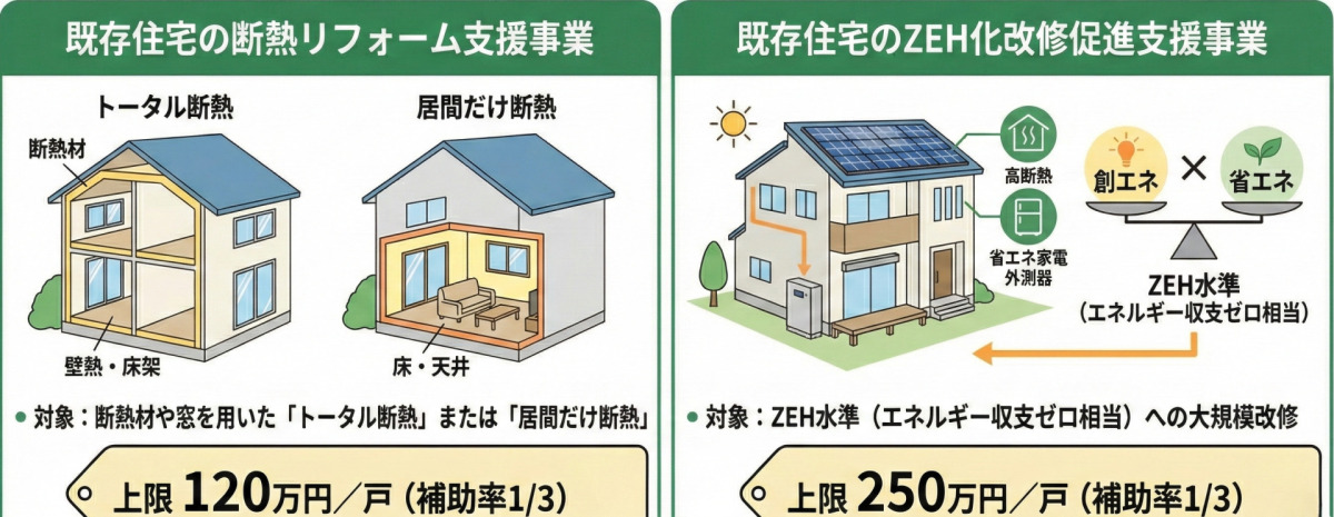 2026年版「環境省の高性能リフォーム支援」の制度概要図。より高い省エネ性能を目指すリフォームが対象。1.既存住宅の断熱リフォーム支援事業（トータル断熱・居間だけ断熱／上限120万円）、2.既存住宅のZEH化改修促進支援事業（ZEH水準への大規模改修／上限250万円）。