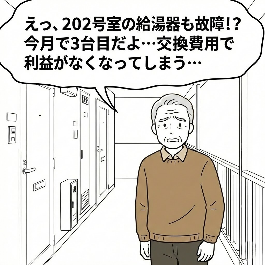 所有している賃貸住宅の急騰気が立て続けに故障してしまい、交換費用に頭を悩ませている大家さんのイラスト