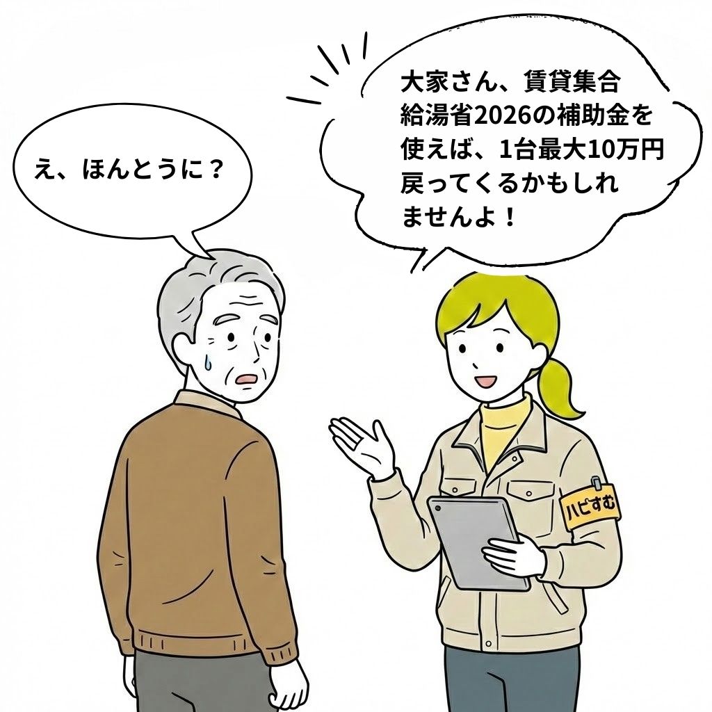 ハピすむのスタッフが大家さんに「大家さん、賃貸集合
給湯省2026の補助金を
使えば、1台最大10万円
戻ってくるかもしれ
ませんよ！」と助言しているイラスト