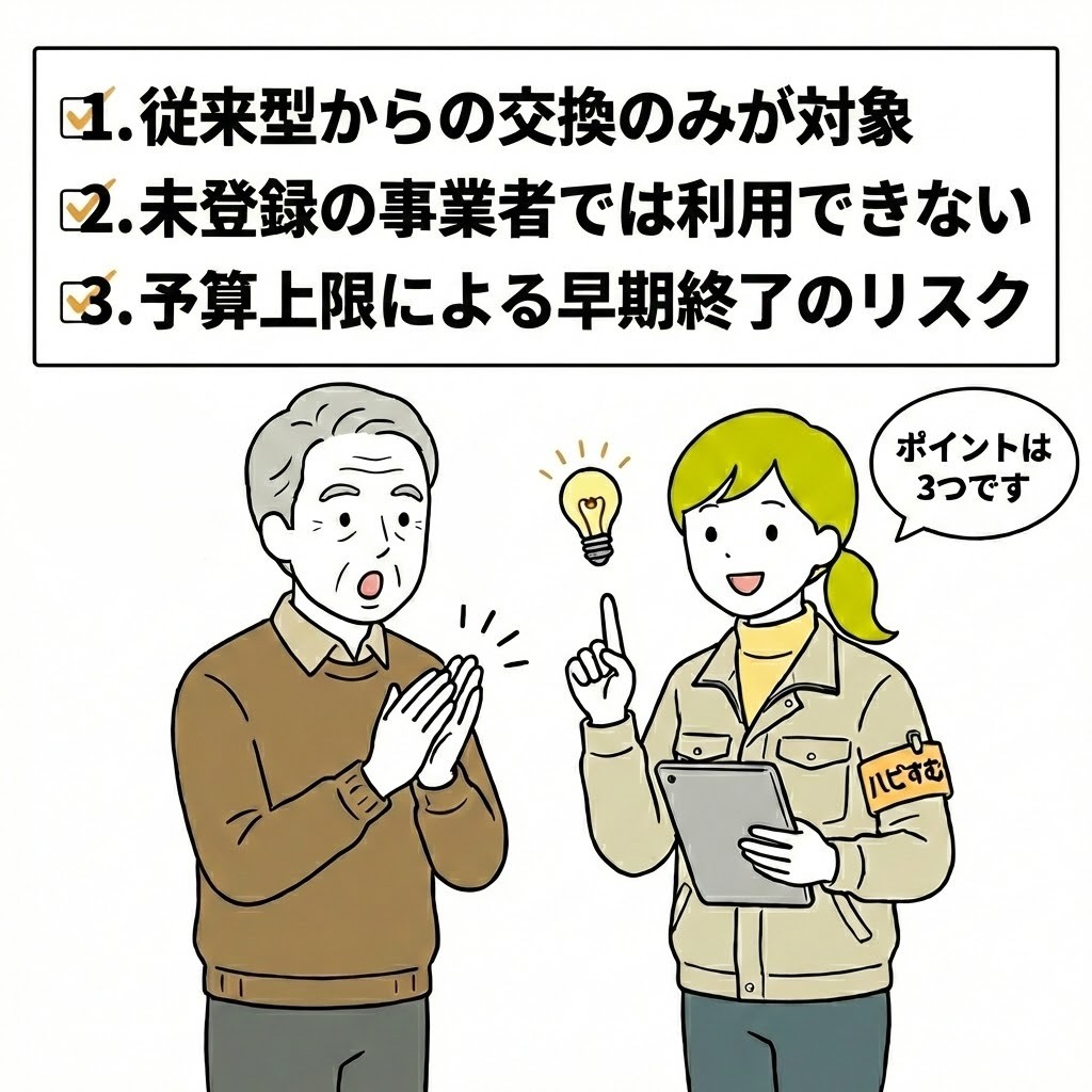 賃貸集合給湯省エネ2026事業の注意点について、ハピすむ担当者が「ポイントは3つです」と解説し、大家さんが「なるほど！」と手を打って納得しているイラストです。重要事項として「従来型からの交換のみ対象」「未登録事業者は利用不可」「予算上限による早期終了のリスク」の3点が明記されている