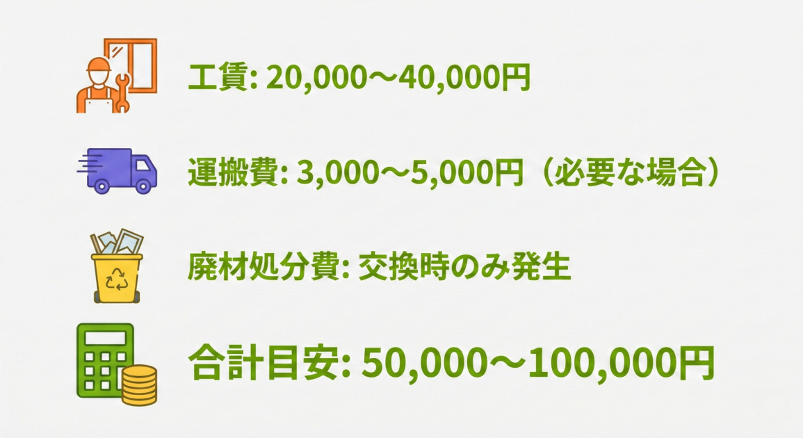 雪囲いリフォーム費用（1.8m窓の場合）の内訳を示す、クリーンなフラットベクター形式のインフォグラフィック。薄いグレーの背景に、左側のアイコンと右側の緑色のテキストで構成される4つの項目が縦に並んでいる。上から順に、作業員と窓枠のイラストと共に「工賃: 20,000〜40,000円」、トラックのイラストと共に「運搬費: 3,000〜5,000円（必要な場合）」、廃材が入ったリサイクルボックスのイラストと共に「廃材処分費: 交換時のみ発生」、電卓と小銭のイラストと共に「合計目安: 50,000〜100,000円」と表示されている。