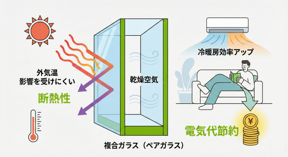 エコガラス（複合ガラス/ペアガラス）の仕組みと効果を説明するインフォグラフィック。中央には、2枚のガラス板の間に「乾燥空気」の層がある複合ガラスの断面構造が図解されている。左側では、太陽と「外気温」を示す熱の波がガラスによって遮断され、室内に「影響を受けにくい」様子と、高い「断熱性」が温度計のアイコンと共に示されている。右側では、エアコンが稼働する室内で人物が快適に過ごす様子が描かれ、「冷暖房効率アップ」とその結果としての「電気代節約」が、積み重なった円マークのコインのイラストで表現されている。