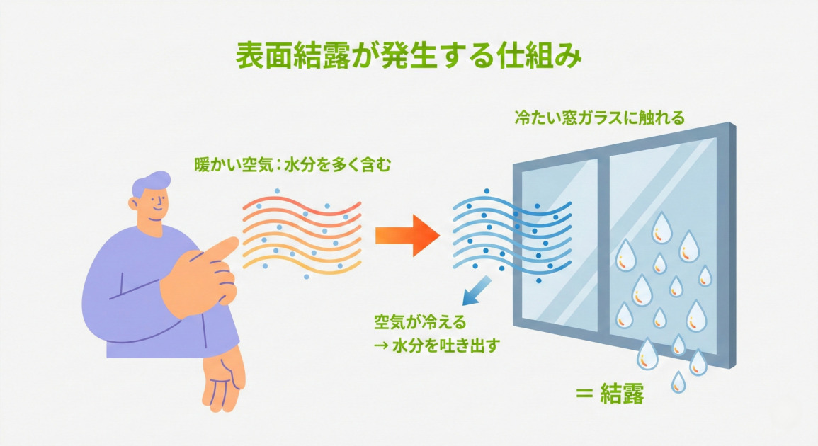 表面結露が発生する仕組みを説明する図解。左側には、水分を多く含む暖かい空気を示すオレンジ色の波線と青い点があり、人物のイラストがそれを指差している。中央の矢印が、この暖かい空気が右側の冷たい窓ガラスに触れる様子を示している。窓ガラスに触れた空気は冷やされ（青い波線に変化）、水分を吐き出す様子が説明されており、窓の表面には多数の水滴（結露）が付着している。「空気が冷える → 水分を吐き出す ＝ 結露」というプロセスがテキストと図で示されている。