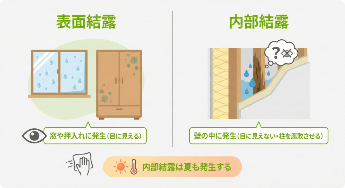 表面結露と内部結露の違いを比較した図解。画像は左右に分割されている。 左側は「表面結露」というタイトルの下、水滴がついた窓ガラスとカビが生えた木製のクローゼットのイラストがある。目のアイコンが「窓や押入れに発生（目に見える）」というテキストボックスを指しており、その下には表面を拭く手のアイコンがある。 右側は「内部結露」というタイトルの下、壁の断面図のイラストがある。断熱材と内壁の間の木材（間柱）の周囲に水滴が発生し、木材が腐敗している様子が描かれている。「？」とバツ印がついた目のアイコンが内部が見えないことを示し、テキストボックスには「壁の中に発生（目に見えない・柱を腐敗させる）」と書かれている。 画像下部中央には、太陽と温度計のアイコンとともに、「内部結露は夏も発生する」というオレンジ色のバナーがある。
