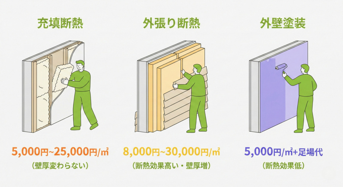 「充填断熱」「外張り断熱」「外壁塗装」の3つの壁断熱工法と費用を比較したフラットなベクターイラスト。左から、「充填断熱」は壁の内部に断熱材を詰める様子で、費用は「5,000円〜25,000円/㎡」、特徴は「（壁厚変わらない）」。中央の「外張り断熱」は壁の外側に断熱材を張る様子で、費用は「8,000円〜30,000円/㎡」、特徴は「（断熱効果高い・壁厚増）」。右側の「外壁塗装」は外壁を塗装する様子で、費用は「5,000円/㎡+足場代」、特徴は「（断熱効果低）」。それぞれのイラストには、緑色の服を着た人物が作業している様子が描かれています。背景は薄いグレーで、テキストは緑、オレンジ、黄色、紫が使われています。