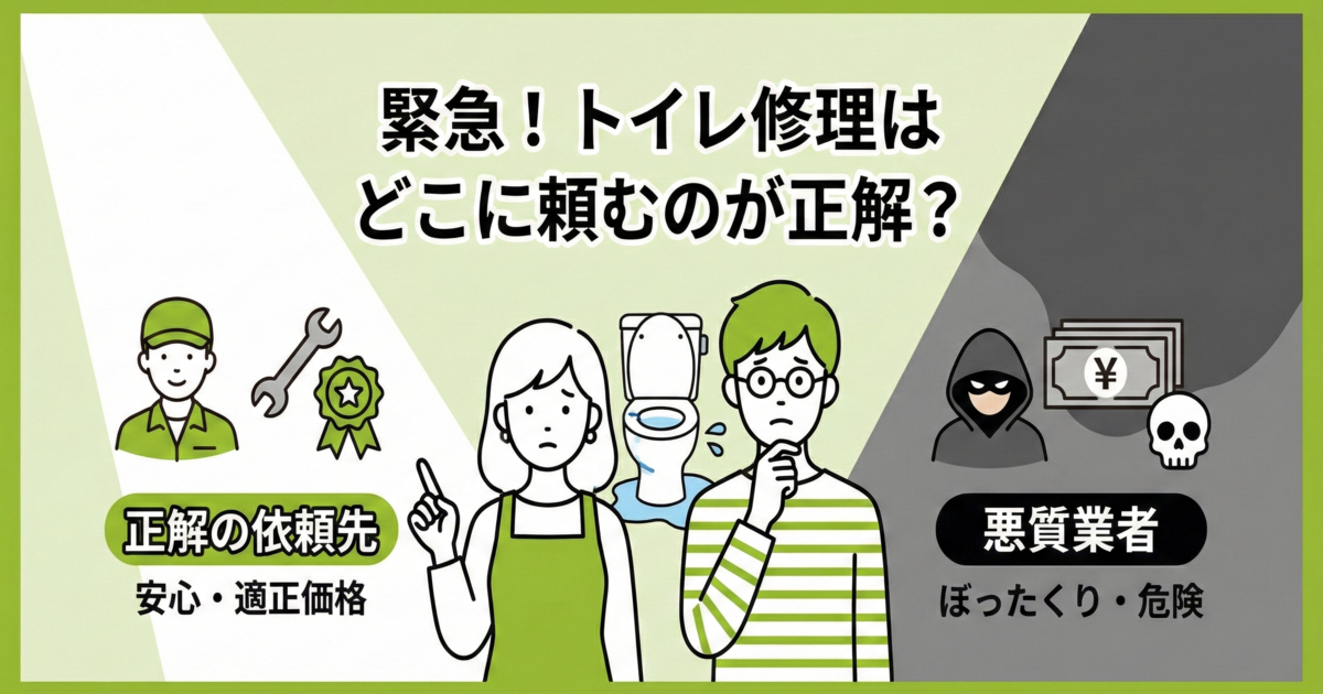トイレ修理はどこに頼むのが正解？水漏れトイレの前で、安心・適正価格の「正解の依頼先」と、ぼったくり・危険な「悪質業者」を比較するハピすむ夫婦のイラスト