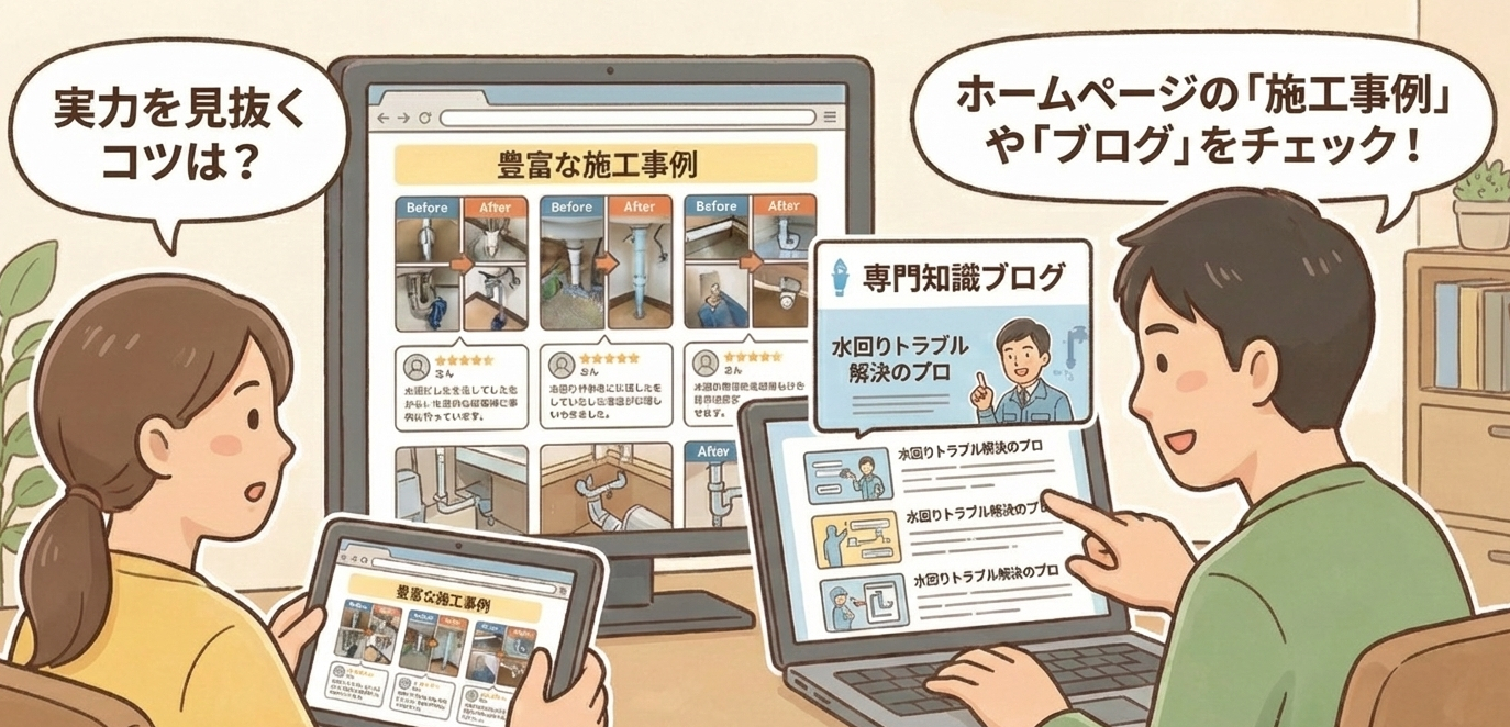 ホームページの施工事例やブログをチェックしている様子