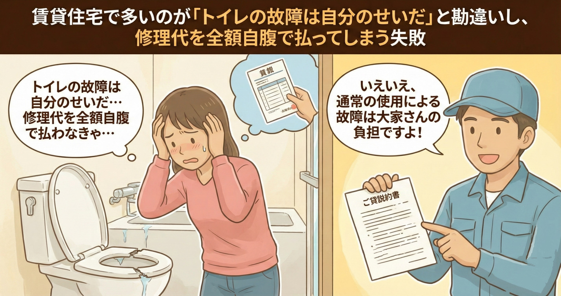 トイレの故障は自分のせいだと勘違いしてしまう女性