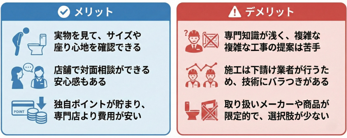 【候補2】ホームセンター（安さ・安心のバランス）のメリット・デメリット比較表。メリットは「実物を見てサイズや座り心地を確認できる」「店舗で対面相談ができる安心感」「独自ポイントが貯まる」点。デメリットは「専門知識が浅く複雑な提案は苦手」「施工は下請けで技術にバラつきがある」「取り扱い商品が限定的」な点。