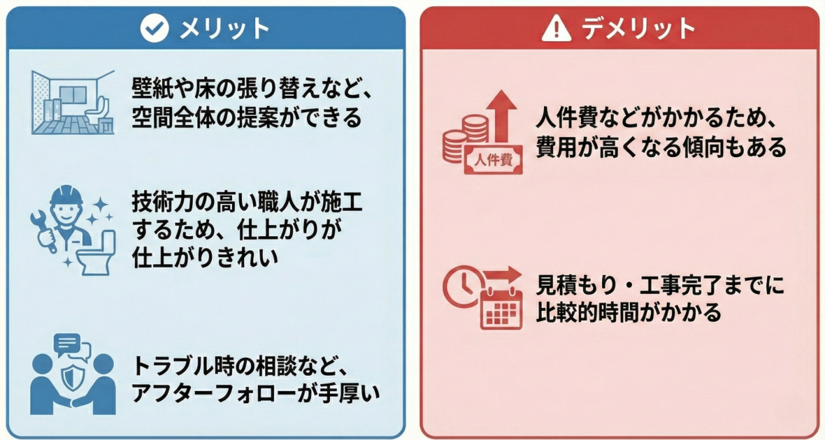 【候補5】地元の工務店・リフォーム店（技術・品質重視）のメリット・デメリット比較表。左側の青い「メリット」パネルには、「壁紙や床の張り替えなど、空間全体の提案ができる」「技術力の高い職人が施工するため、仕上がりがきれい」「トラブル時の相談など、アフターフォローが手厚い」と記載。右側の赤い「デメリット」パネルには、「人件費などがかかるため、費用が高くなる傾向もある」「見積もり・工事完了までに比較的時間がかかる」と記載されている。