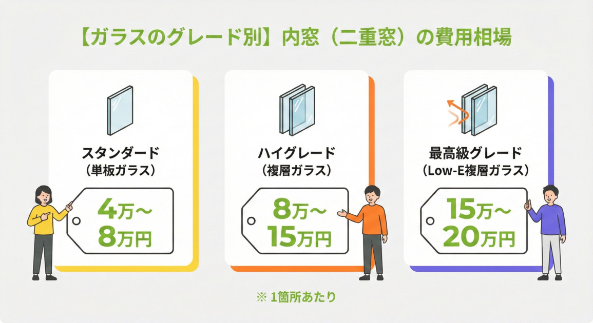 【ガラスのグレード別】内窓（二重窓）の費用相場。スタンダード（単板ガラス）は4万〜8万円、ハイグレード（複層ガラス）は8万〜15万円、最高級グレード（Low-E複層ガラス）は15万〜20万円。※1箇所あたりの費用です。