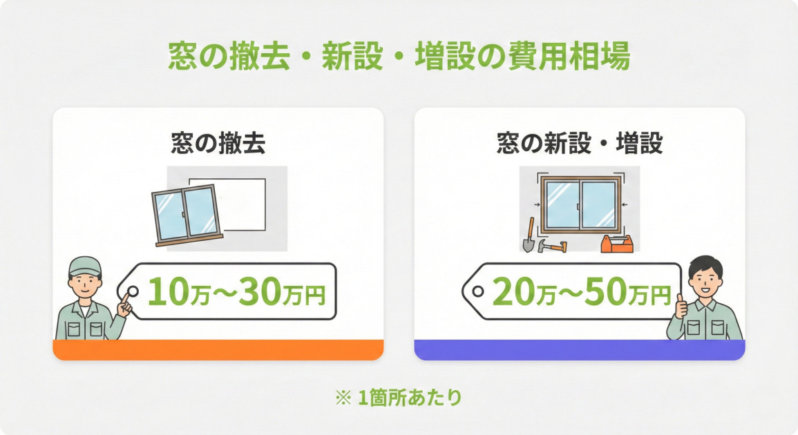 窓の撤去・新設・増設の費用相場。窓の撤去は10万〜30万円、窓の新設・増設は20万〜50万円。※1箇所あたりの費用です。