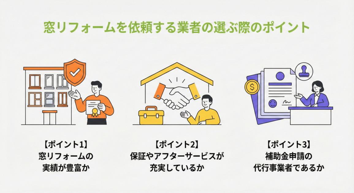 窓リフォームを依頼する業者の選ぶ際のポイント：【ポイント1】窓リフォームの実績が豊富か、【ポイント2】保証やアフターサービスが充実しているか、【ポイント3】補助金申請の代行事業者であるか