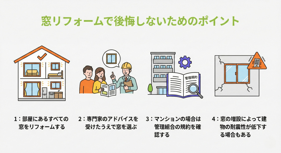 窓リフォームで後悔しないためのポイント。1：部屋にあるすべての窓をリフォームする、2：専門家のアドバイスを受けたうえで窓を選ぶ、3：マンションの場合は管理組合の規約を確認する、4：窓の増設によって建物の耐震性が低下する場合もある。これらをまとめた解説画像です。