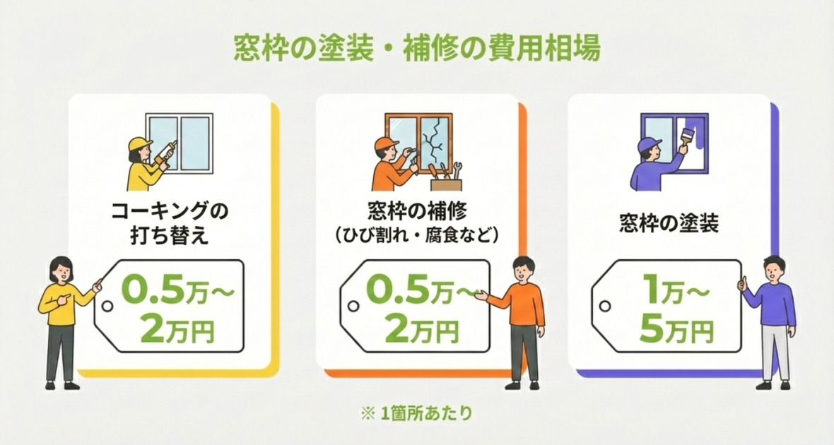 窓枠の塗装・補修の費用相場一覧表。作業内容ごとの費用（1箇所あたり）は、コーキングの打ち替えが0.5万〜2万円、窓枠の補修（ひび割れ・腐食など）が0.5万〜2万円、窓枠の塗装が1万〜5万円となっています。