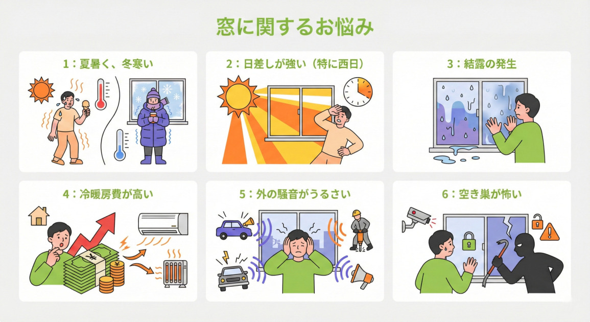 窓に関するお悩み：1.夏暑く、冬寒い、2.日差しが強い（特に西日）、3.結露の発生、4.冷暖房費が高い、5.外の騒音がうるさい、6.空き巣が怖い。これら6つの問題を表現したイラスト。