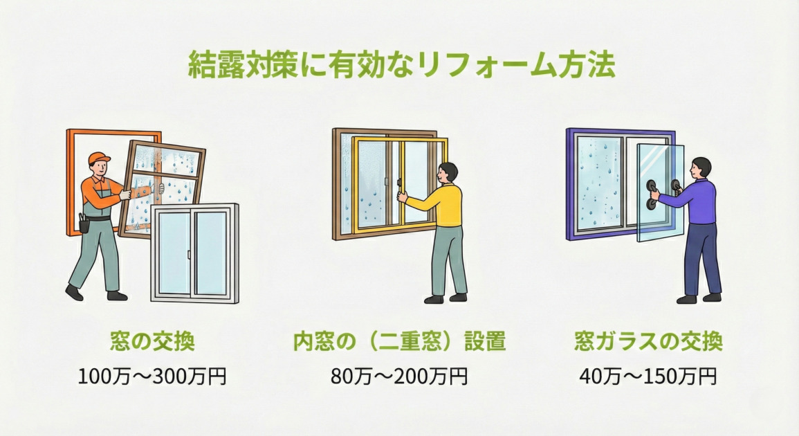 結露対策に有効なリフォーム方法の比較図。3つの方法と費用目安が並んでいる。すべてのイラストで、リフォーム前の窓には結露（水滴）が描かれている。左側は「窓の交換（100万〜300万円）」で結露した窓枠ごと取り替える様子。中央は「内窓の（二重窓）設置（80万〜200万円）」で既存窓の内側に新しい窓を追加する様子。右側は「窓ガラスの交換（40万～150万円）」で、作業員が結露したガラス板のみを交換作業を行っている様子。