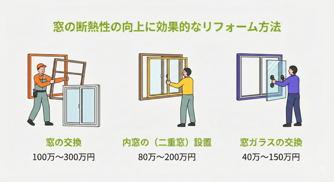 窓の断熱性の向上に効果的なリフォーム方法の比較図。3つの方法と費用目安が横並びに配置されている。左側は「窓の交換（100万〜300万円）」で、作業員が古い窓枠を取り外し、枠ごと新しいものに取り替えている様子。中央は「内窓の（二重窓）設置（80万〜200万円）」で、既存の窓の内側に新しいサッシを取り付けている様子。右側は「窓ガラスの交換（40万～150万円）」で、作業員がサッシではなくガラス板のみを手に持ち、交換作業を行っている様子。