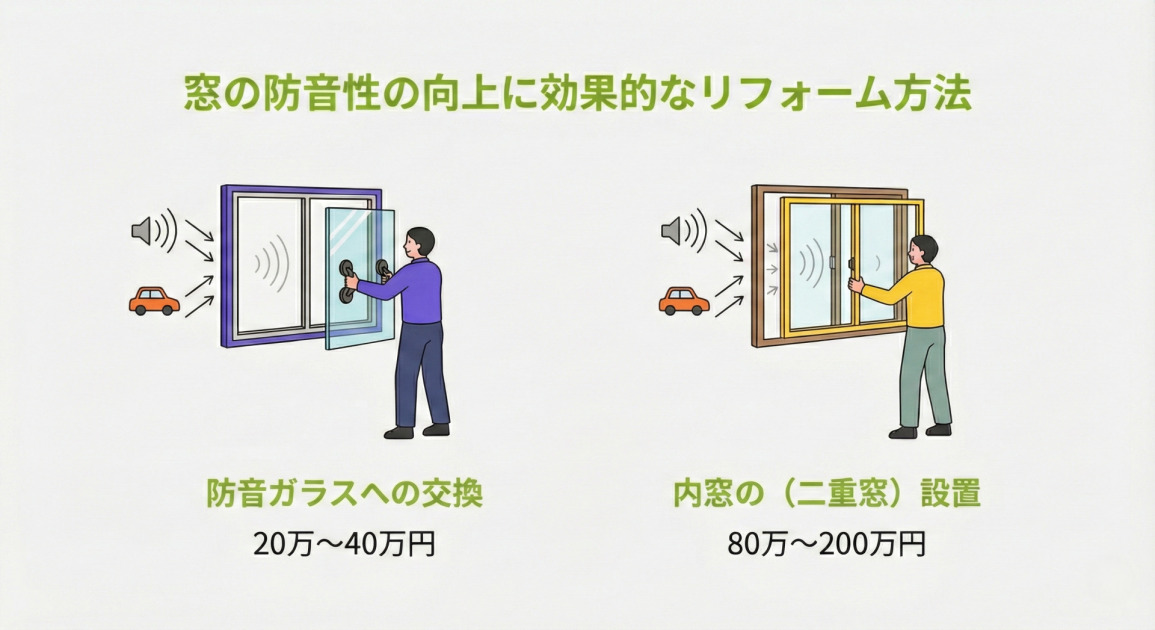窓の防音性の向上に効果的なリフォーム方法を比較するインフォグラフィック。左側は「防音ガラスへの交換（20万〜40万円）」で、作業員が既存のサッシのガラスのみを防音タイプに交換し、外部からの車の騒音（音波のイラスト）が遮断されている様子。右側は「内窓の（二重窓）設置（80万〜200万円）」で、既存の窓の内側に新しい窓を追加し、二重の窓によって騒音が段階的に軽減されている様子が描かれている。