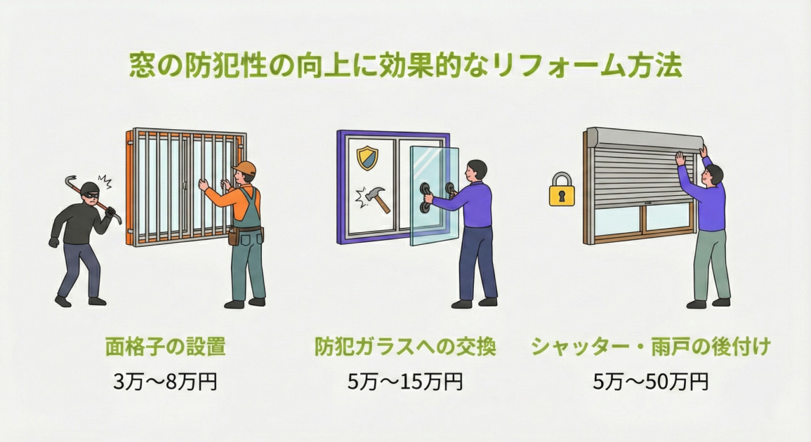 窓の防犯性の向上に効果的なリフォーム方法の比較図。3つの方法と費用目安が並んでいる。左側は「面格子の設置（3万～8万円）」で、窓の外側に侵入防止用の格子を取り付けている様子。中央は「防犯ガラスへの交換（5万〜15万円）」で、耐貫通性に優れた防犯ガラスへ交換している様子。右側は「シャッター・雨戸の後付け（5万～50万円）」で、窓の外側にシャッターや雨戸を設置し、物理的な防御壁を追加している様子。