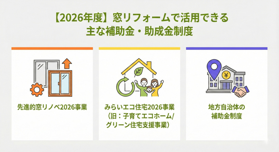 【2026年度】窓リフォームで活用できる主な補助金・助成金制度の一覧図。3つの主要な制度がアイコン付きで並んでいる。上から順に、「先進的窓リノベ2026事業」、「みらいエコ住宅2026事業（旧：子育てエコホーム/グリーン住宅支援事業）」、「地方自治体の補助金制度」が記載されている。