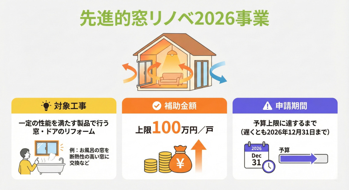 先進的窓リノベ2026事業の概要をまとめたインフォグラフィック。

【対象工事】
一定の性能を満たす製品で行う窓・ドアのリフォームが対象。
（例：お風呂のリフォームで補助対象となるために、浴室の窓を断熱性の高い窓に交換する工事など）

【補助金額】
1戸あたり上限100万円。

【申請期間】
予算上限に達するまで（遅くとも2026年12月31日まで）。