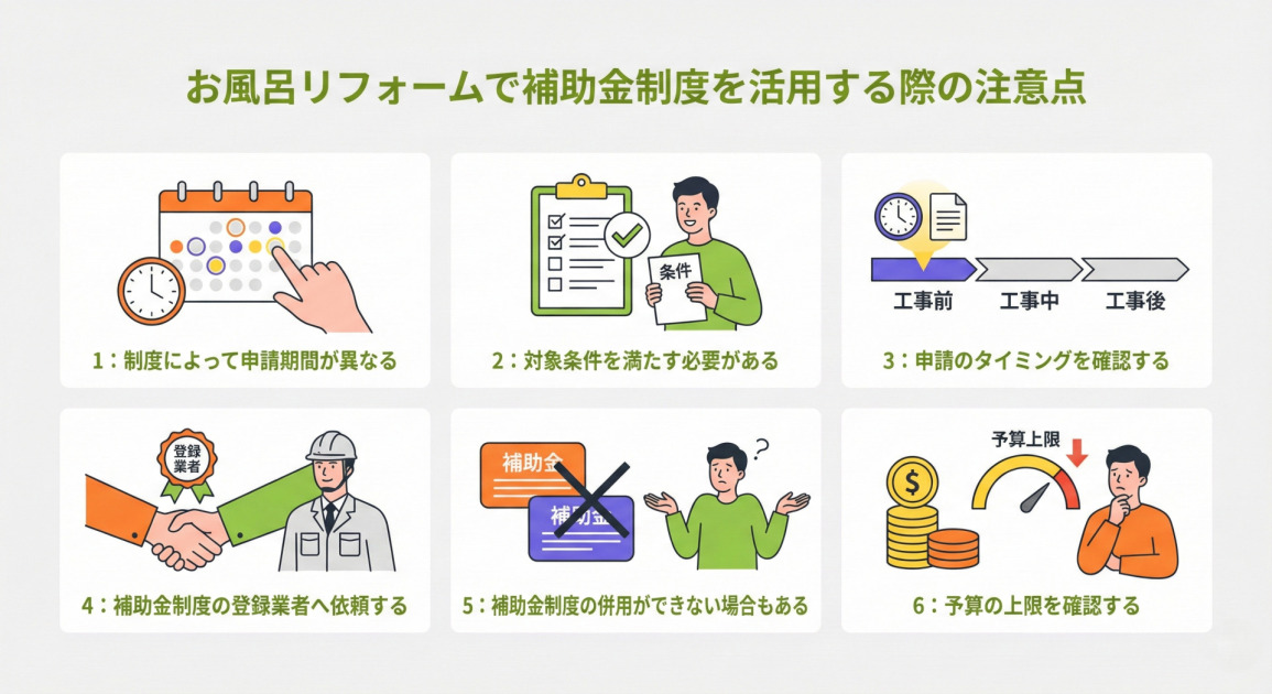「お風呂リフォームで補助金制度を活用する際の注意点」と題されたインフォグラフィック。背景は薄いグレー、文字はフレッシュグリーンで統一されている。以下の6つのポイントが、関連するフラットなベクターイラストと共に配置されている。

1. 制度によって申請期間が異なる：カレンダーと時計のイラスト。
2. 対象条件を満たす必要がある：チェックリストを持ち、条件を確認している人物。
3. 申請のタイミングを確認する：工事前・工事中・工事後のタイムラインと書類。
4. 補助金制度の登録業者へ依頼する：登録業者の認定証と、業者と握手を交わす手。
5. 補助金制度の併用ができない場合もある：複数の補助金カードがあり、併用不可を示す「×」印と疑問を持つ人物。
6. 予算の上限を確認する：予算の上限を示すメーターと積まれたコイン、考え込む人物。