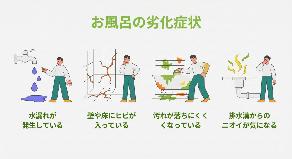 お風呂の劣化症状の図解イラスト。主な4つのサイン：1.水漏れが発生している、2.壁や床にヒビが入っている、3.汚れが落ちにくくなっている、4.排水溝からのニオイが気になる。