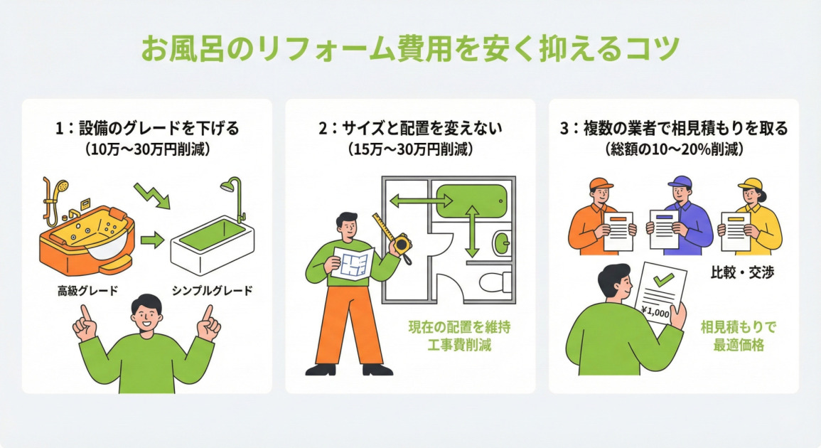 お風呂のリフォーム費用を安く抑えるコツをまとめたインフォグラフィック。以下の3つのポイントがイラスト付きで解説されています。1：設備のグレードを下げる（10万～30万円削減）、2：サイズと配置を変えない（15万～30万円削減）、3：複数の業者で相見積もりを取る（総額の10～20%削減）。