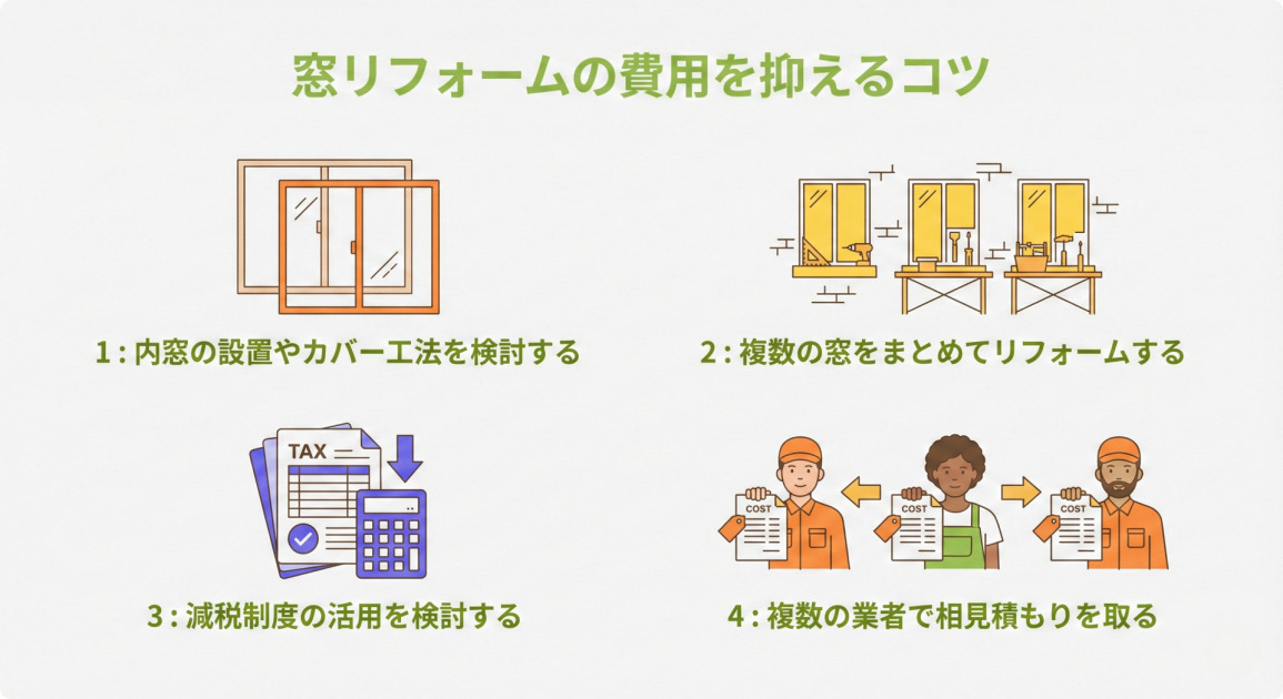 「窓リフォームの費用を抑えるコツ」と題されたインフォグラフィック。以下の4つのポイントが、関連するイラストと共に紹介されている。
1：内窓の設置やカバー工法を検討する（二重サッシのイラスト）
2：複数の窓をまとめてリフォームする（並んだ3つの窓と工具のイラスト）
3：減税制度の活用を検討する（TAXと書かれた書類、下矢印、電卓のイラスト）
4：複数の業者で相見積もりを取る（見積書を手にした3人の業者と、比較を示す矢印のイラスト）
