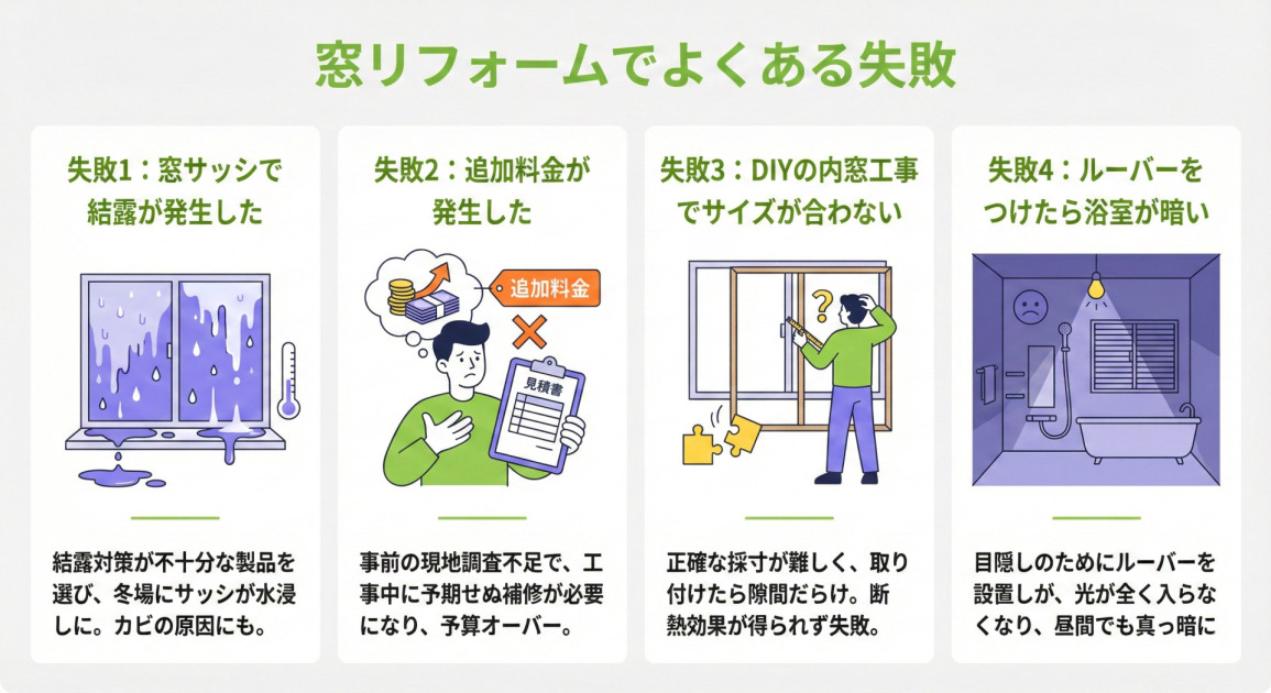 窓リフォームでよくある失敗を紹介するインフォグラフィック。「失敗1：窓サッシで結露が発生した」では、結露対策が不十分な製品を選び、冬場にサッシが水浸しになりカビの原因にもなる様子が、水滴だらけの窓と温度計のイラストで示されている。「失敗2：追加料金が発生した」では、事前の現地調査不足で工事中に予期せぬ補修が必要になり予算オーバーになることが、見積書を持って困惑する人物と追加料金を示すイラストで表現されている。「失敗3：DIYの内窓工事でサイズが合わない」では、正確な採寸が難しく取り付けたら隙間だらけで断熱効果が得られず失敗する様子が、サイズが合わない内窓を測る人物とパズルピースのイラストで描かれている。「失敗4：ルーバーをつけたら浴室が暗い」では、目隠しのためにルーバーを設置したが光が全く入らなくなり昼間でも真っ暗になることが、暗い浴室と薄暗い電球のイラストで示されている。