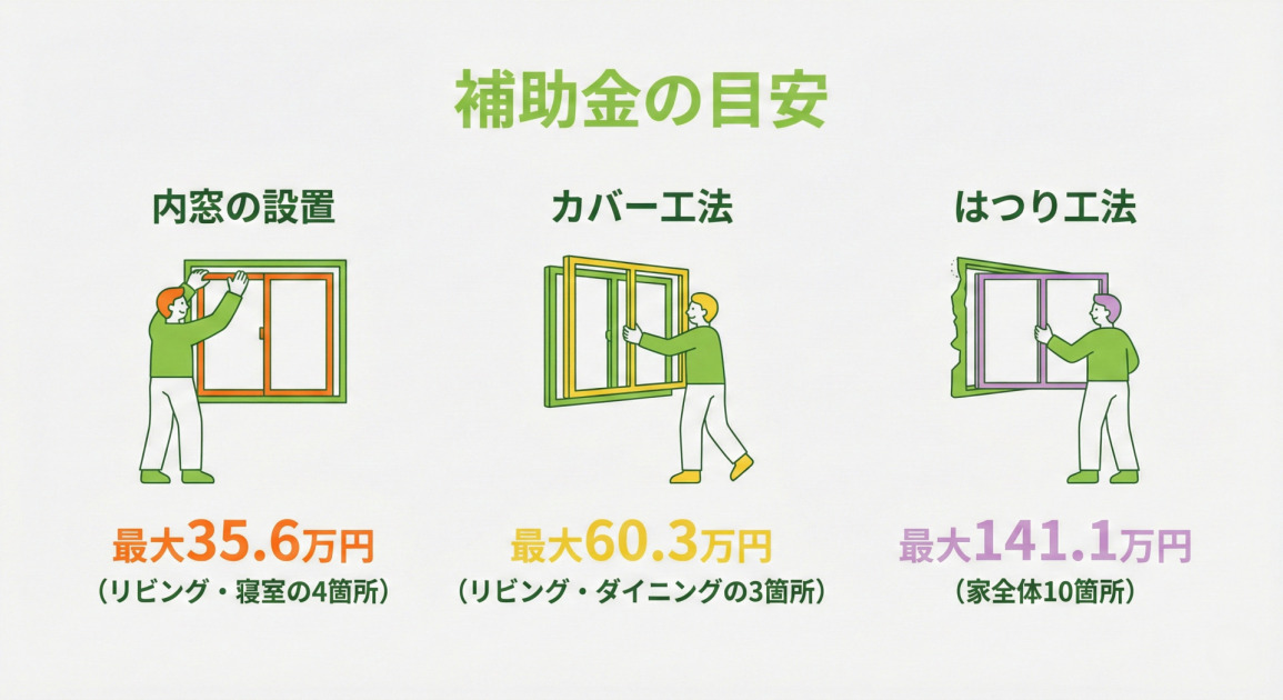 先進的窓リノベ2026事業の補助金の目安を示す画像。「内窓の設置」は最大35.6万円（リビング・寝室の4箇所）、「カバー工法」は最大60.3万円（リビング・ダイニングの3箇所）、「はつり工法」は最大141.1万円（家全体10箇所）と記載され、それぞれ窓を設置している人物のイラストが添えられています。