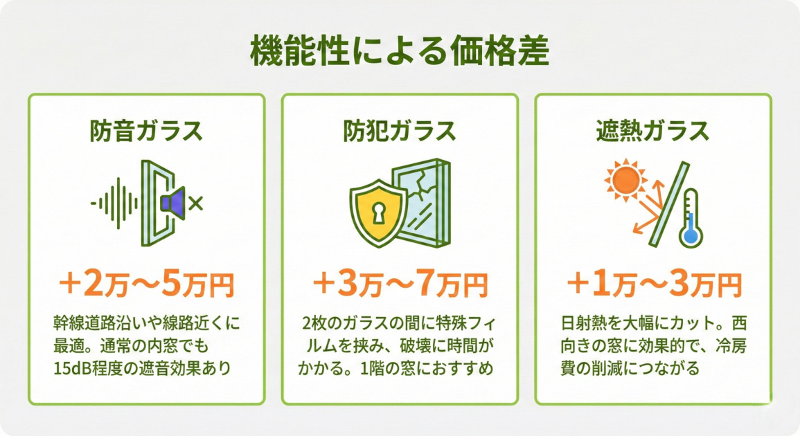 「機能性による価格差」と題された比較インフォグラフィック。3つのパネルが横に並び、左から順に「防音ガラス」「防犯ガラス」「遮熱ガラス」の追加価格帯と特徴が説明されている。 左の「防音ガラス」パネルには、オレンジ色で「+2万～5万円」と表示。テキストは「幹線道路沿いや線路近くに最適。通常の内窓でも15dB程度の遮音効果あり」。アイコンは音波を遮断するスピーカー。 中央の「防犯ガラス」パネルには、「+3万～7万円」と表示。テキストは「2枚のガラスの間に特殊フィルムを挟み、破壊に時間がかかる。1階の窓におすすめ」。アイコンは鍵付きの盾と割れたガラス。 右の「遮熱ガラス」パネルには、「+1万～3万円」と表示。テキストは「日射熱を大幅にカット。西向きの窓に効果的で、冷房費の削減につながる」。アイコンは太陽光を反射する窓と温度計。 全体は緑色を基調としたクリーンなデザインで、価格部分がオレンジ色で強調されている。